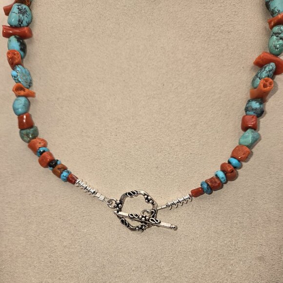 Natural Kingman Turquoise Nugget with Coral Necklace - Picture 5 of 5